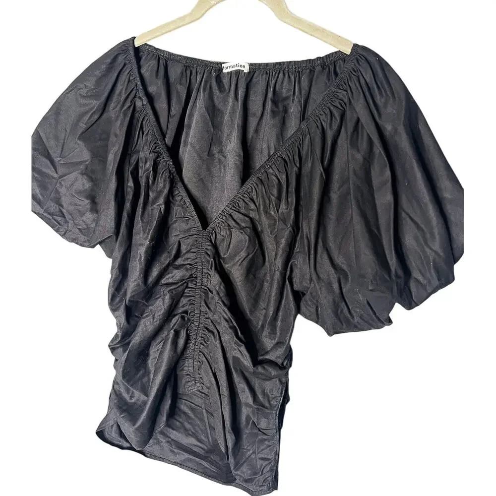 Reformation Sonny Puff Sleeve Top Size 10‎ Black Short Sleeve Ruched Blouse